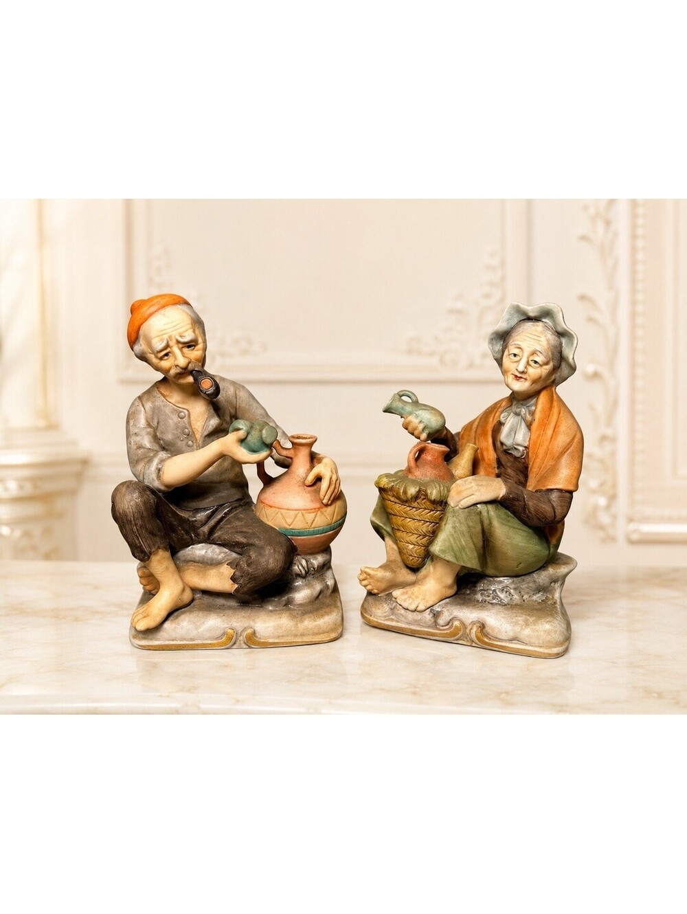 Dabs Japan 1960s 2 Figurines Elderly Couple Capodimonte Style Bisque, 4x6.25”